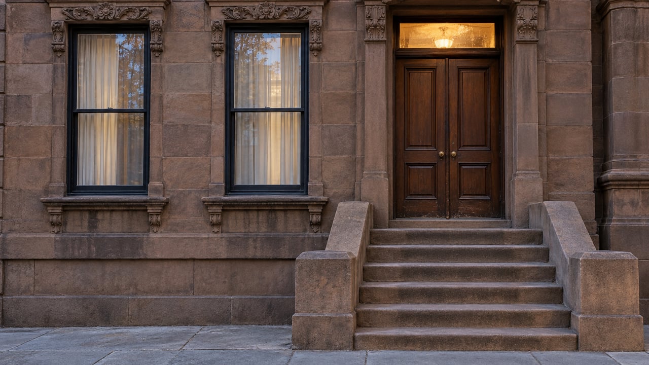 Weathered sandstone townhouse entrance with closed walnut double doors, paired sash windows, and broad stone steps at dusk.