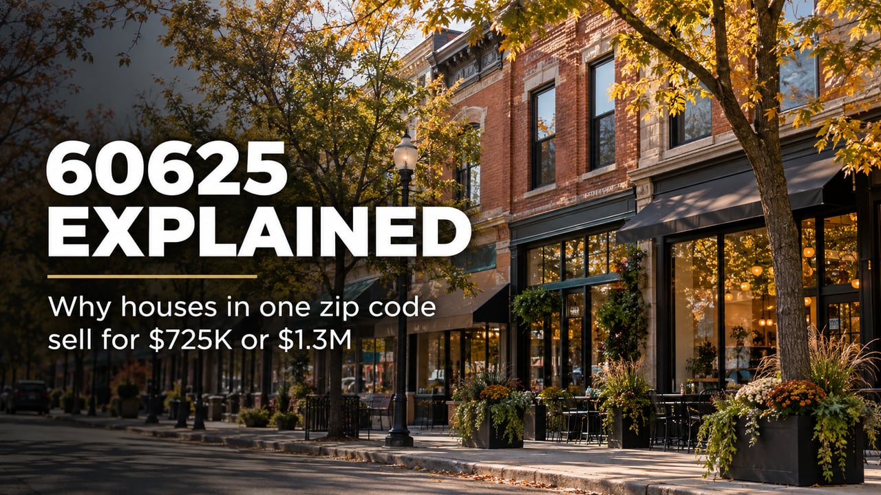 60625 Explained blog thumbnail with fall storefront imagery inspired by Lincoln Avenue in Chicago’s Lincoln Square and text comparing house prices of $725K and $1.3M.