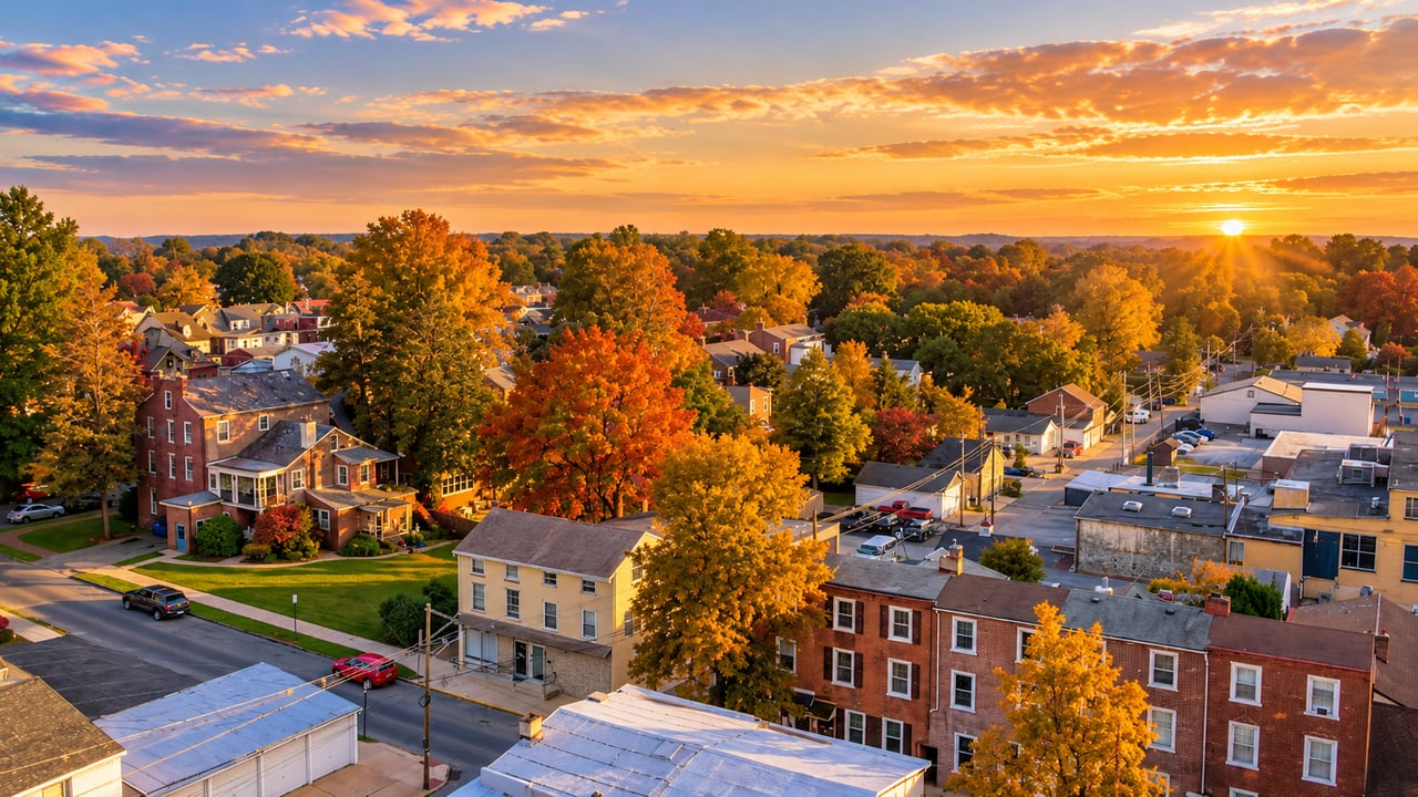 Aerial view of a small town surrounded by autumn trees at sunset.