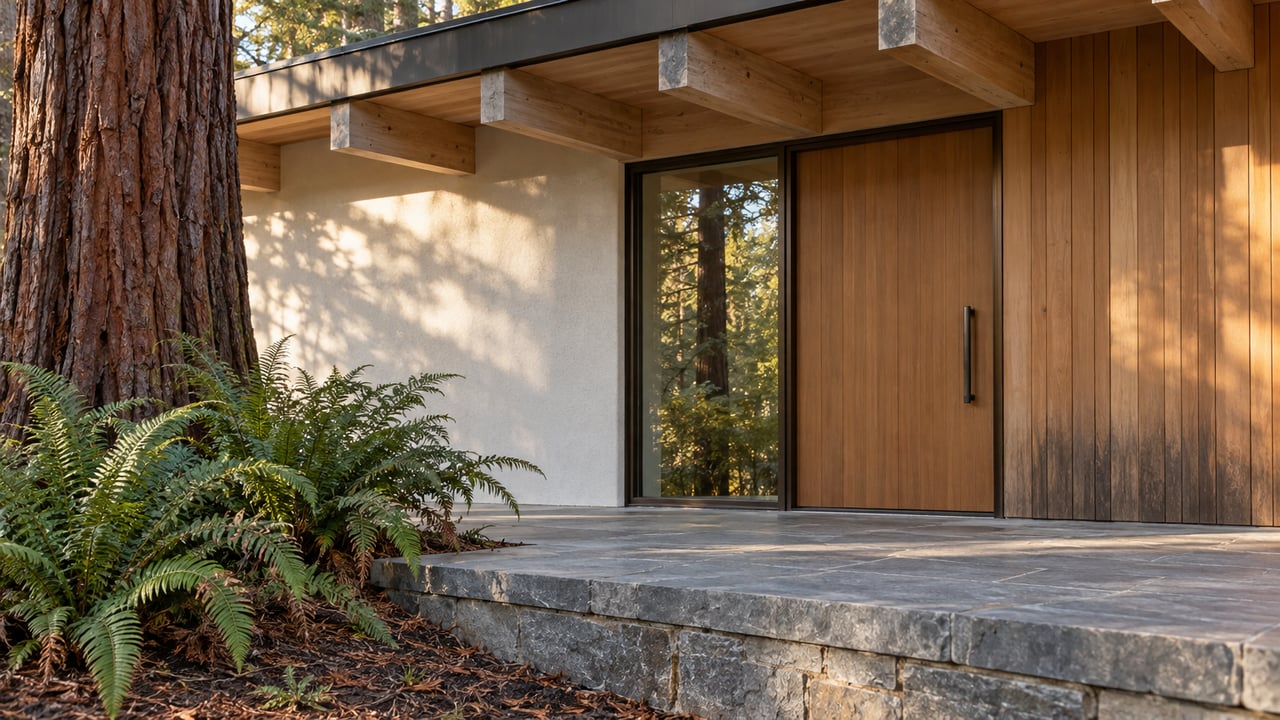 Cedar and off-white stucco home entrance with a sandstone landing, mature redwood trunk and sword ferns in soft morning light.