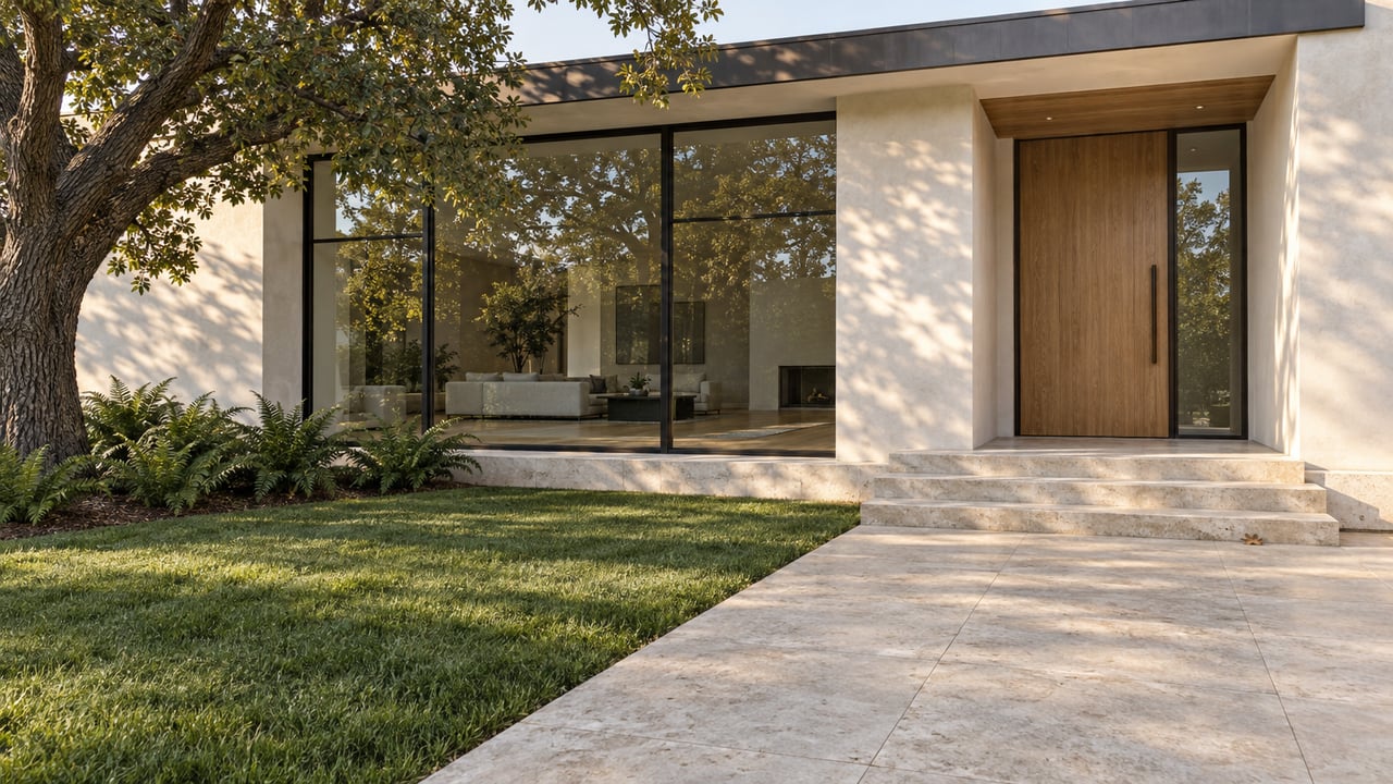 Modern home with floor-to-ceiling glass, a broad wood door, and stone entry steps.