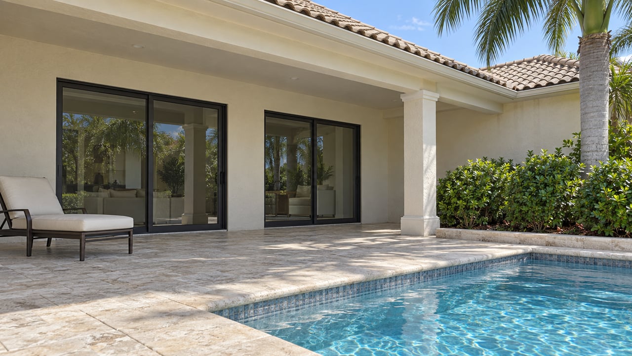 Low view across a limestone lanai toward glass sliding doors, a cream stucco home and a blue pool edged by tropical planting.