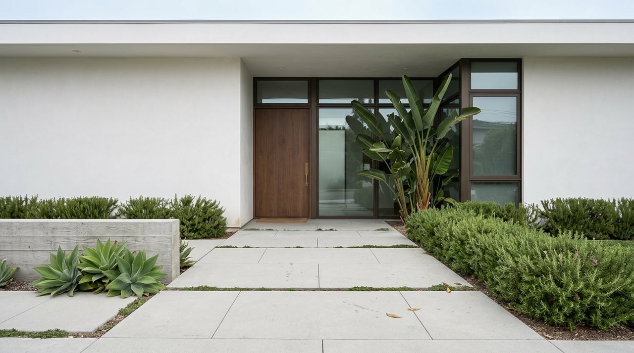 Contemporary coastal home entry with a concrete-paver walkway, walnut door, bronze-framed glazing, and sculptural plants.