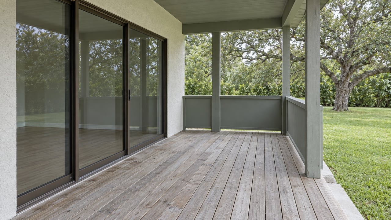 Covered timber terrace with seafoam rail panels, a closed glass door, and lawn beneath a spreading oak.