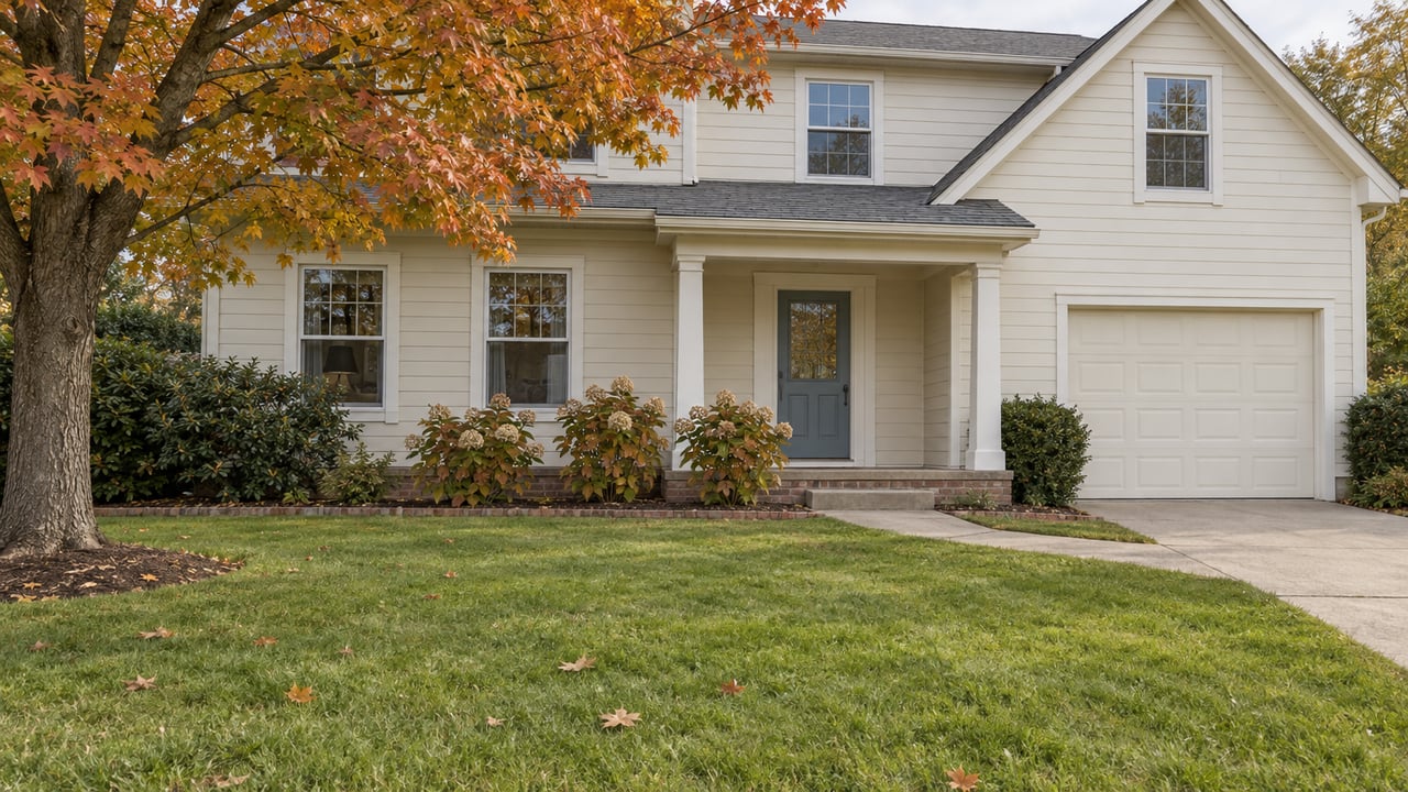 An ivory-sided gabled home with a covered entry, attached garage, broad green lawn, and a mature maple in autumn color.