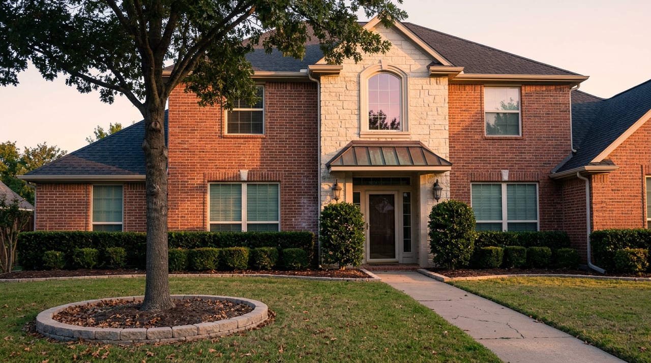 Two-story red-brick house with a limestone entry, clipped hedges, and a large oak in the lawn.