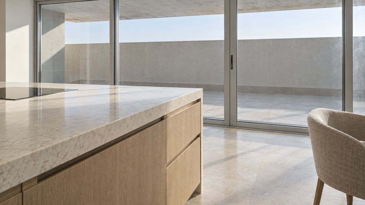 Ivory quartz kitchen peninsula with pale oak cabinetry beside closed terrace glazing and a linen lounge chair.