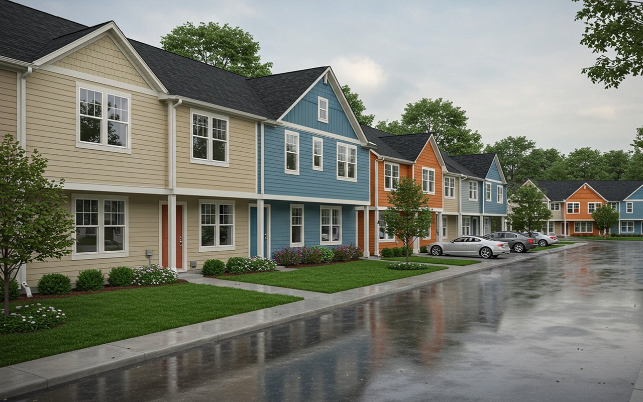 Colorful attached condominium homes line a wet street, with landscaped lawns and parked cars.
