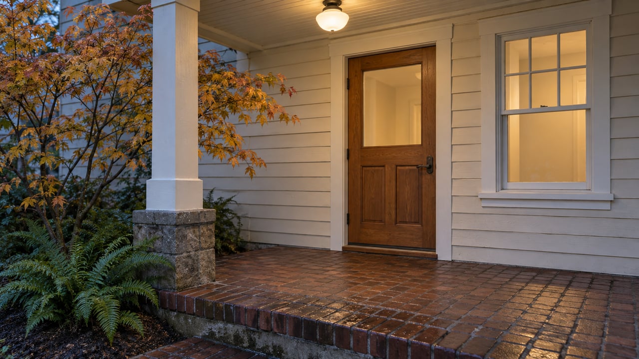 Covered cottage entry with a fir door, cream wood siding, brick landing and autumn vine maple beside the porch.