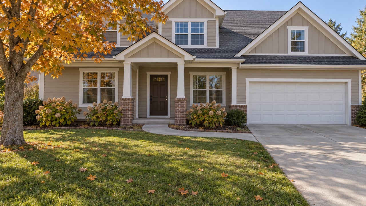 Autumn sunlight on a greige two-story home with a brick-based porch, attached garage and deep front lawn beneath an amber maple.