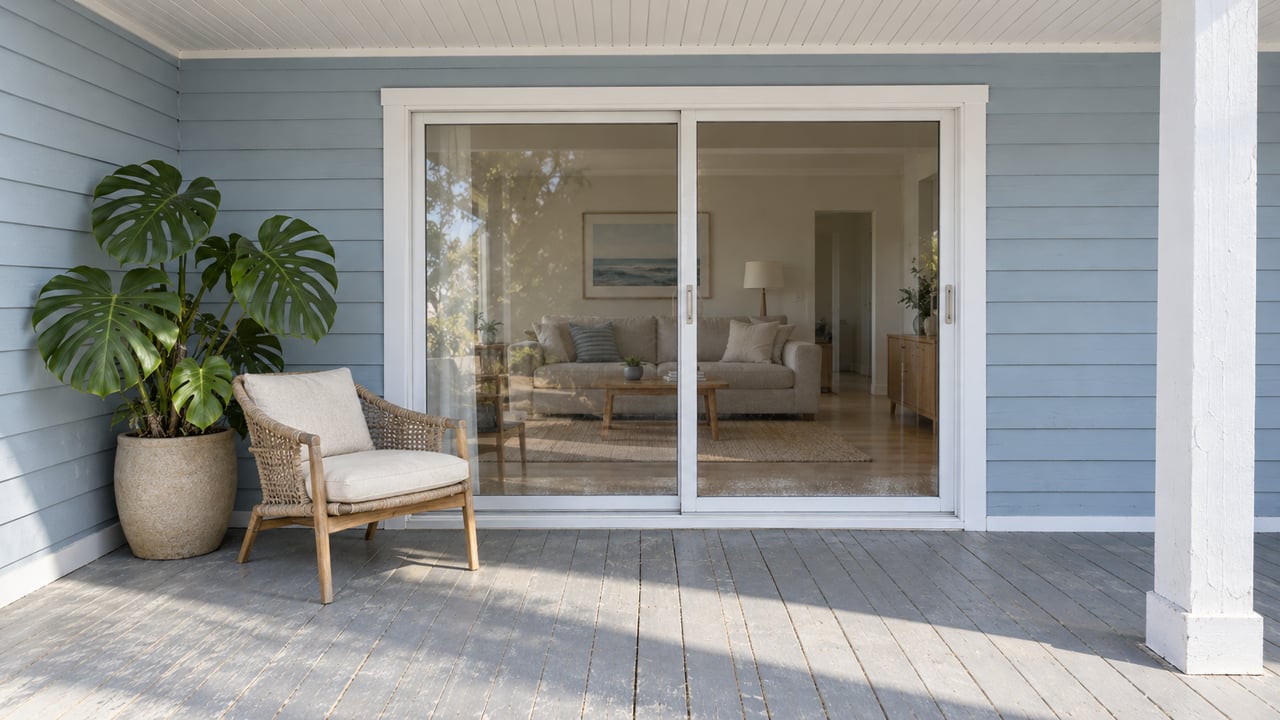 A shaded coastal porch with pale blue lap siding, closed white-framed glass doors, a woven chair, and one potted monstera on weathered gray decking.