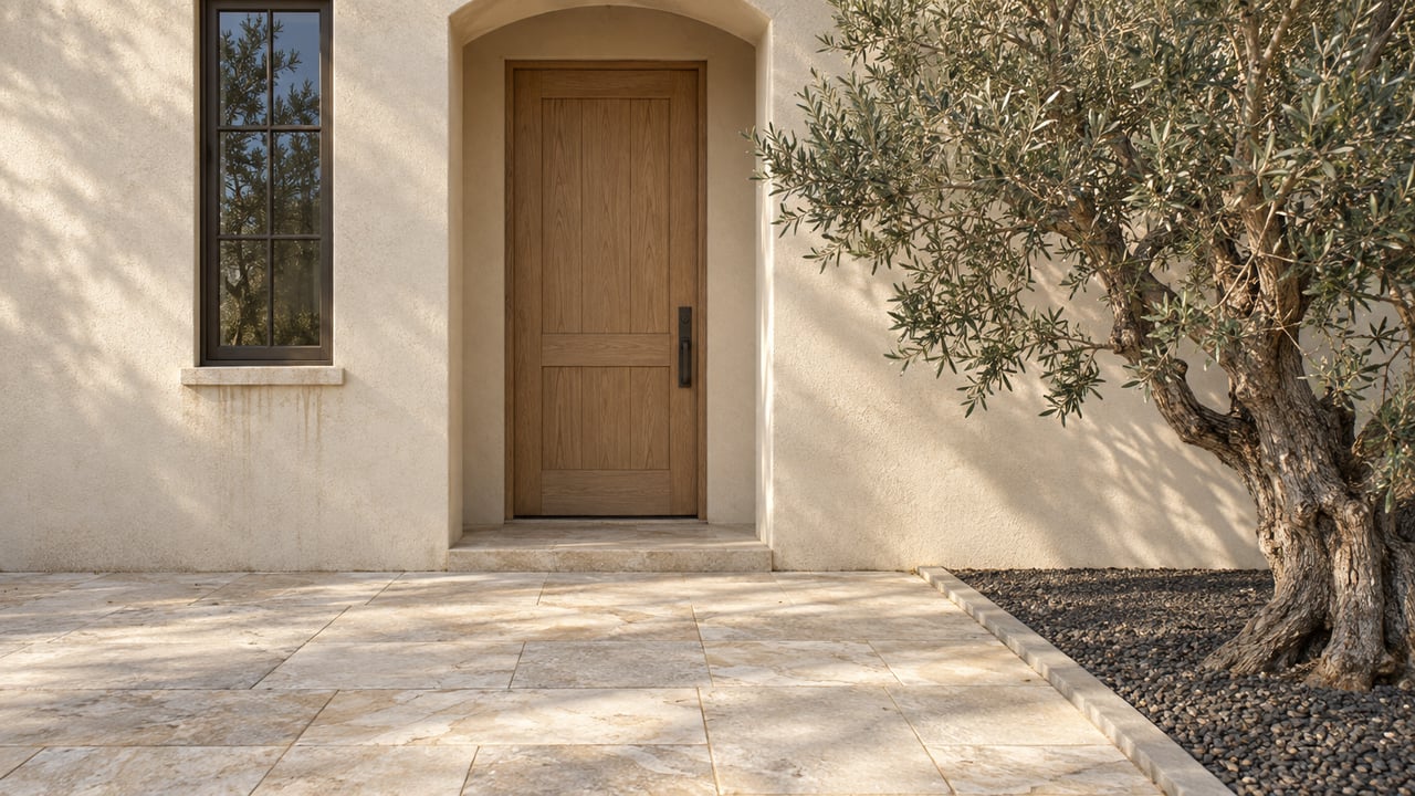 Pale oak front door in an arched stucco recess, beside a divided-light window and olive tree.