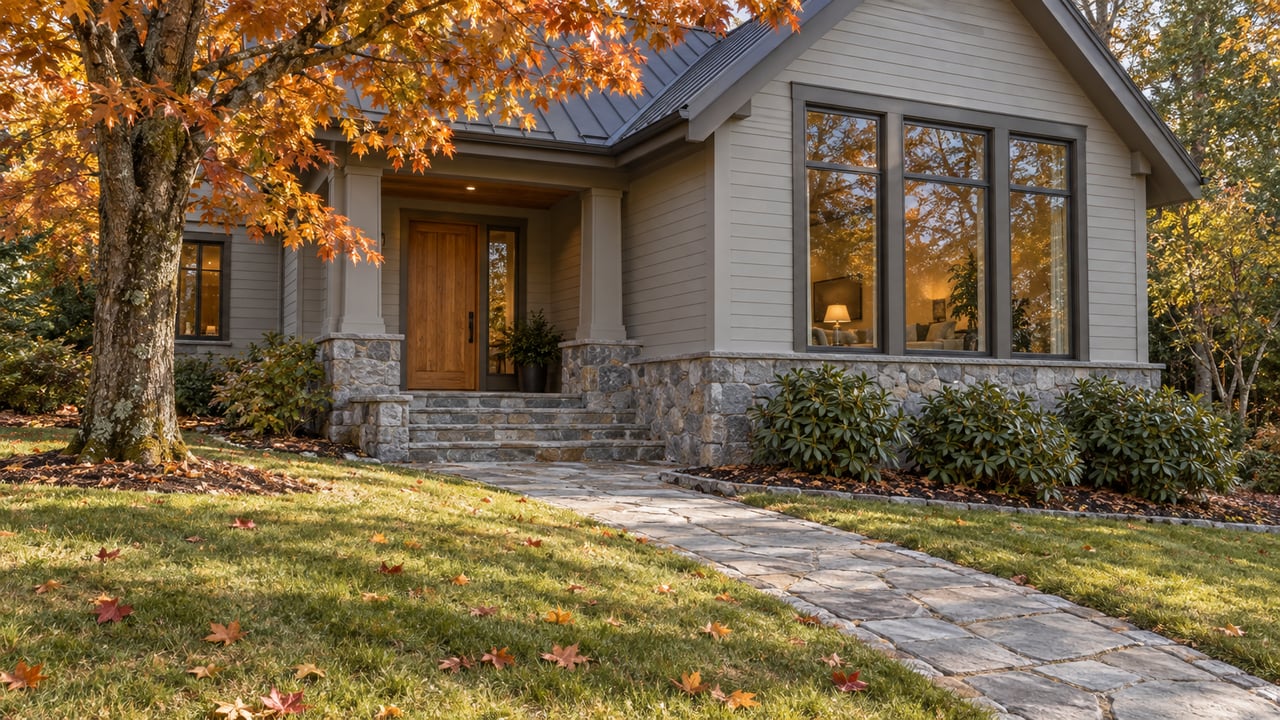 An autumn-lit home with pale horizontal siding, a stone foundation and approach, dark framed windows, and a copper-leaved maple beside a generous lawn.