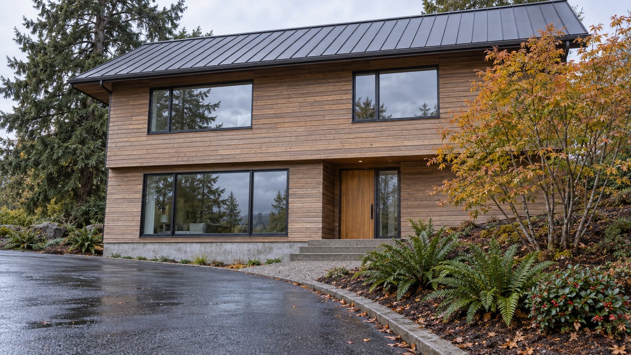 Two-story cedar-sided house at the top of a wet curving driveway, framed by evergreen and ochre-leaved trees.