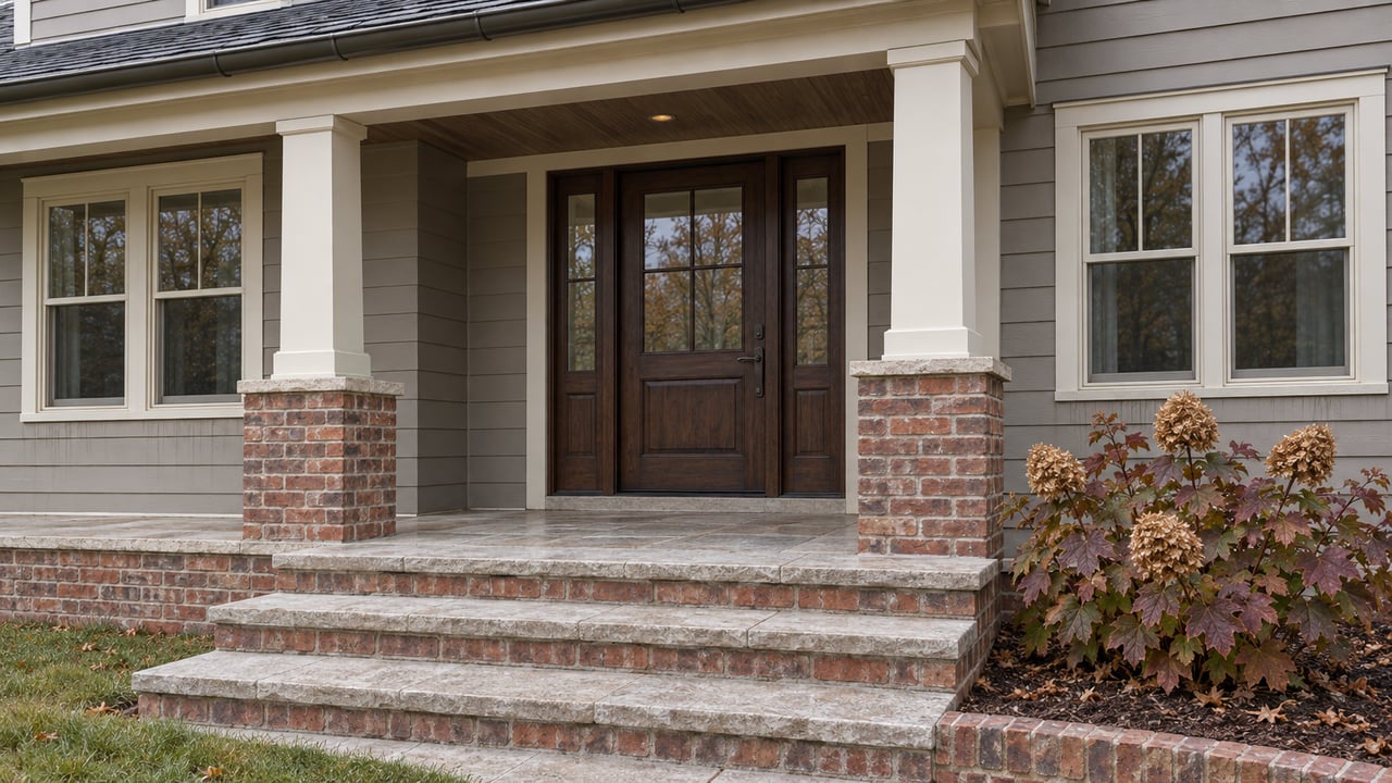 Covered home entry with ivory columns, a wood door, brick and limestone steps, and autumn oakleaf hydrangea.