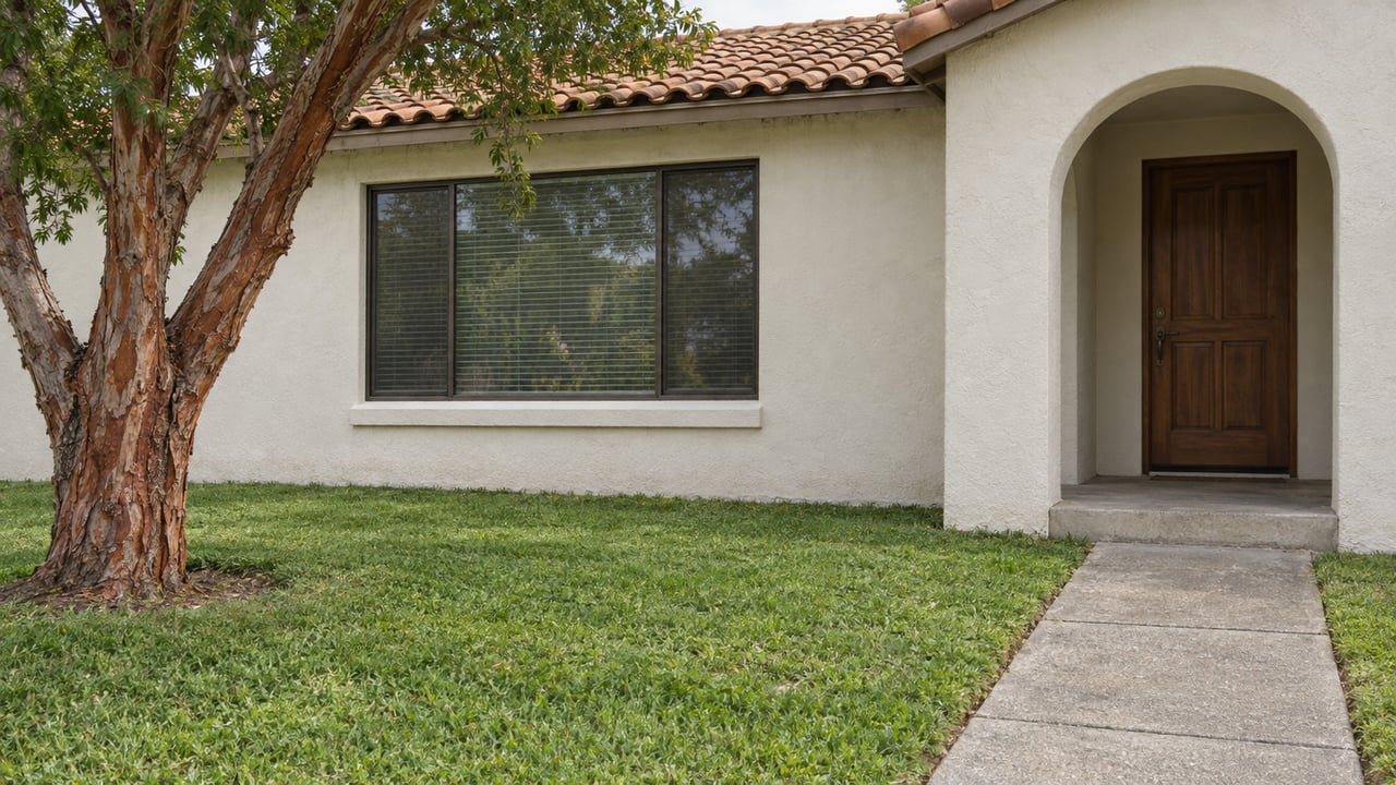 An ivory stucco home with a clay tile roof, recessed arched doorway and concrete path across a green front lawn.