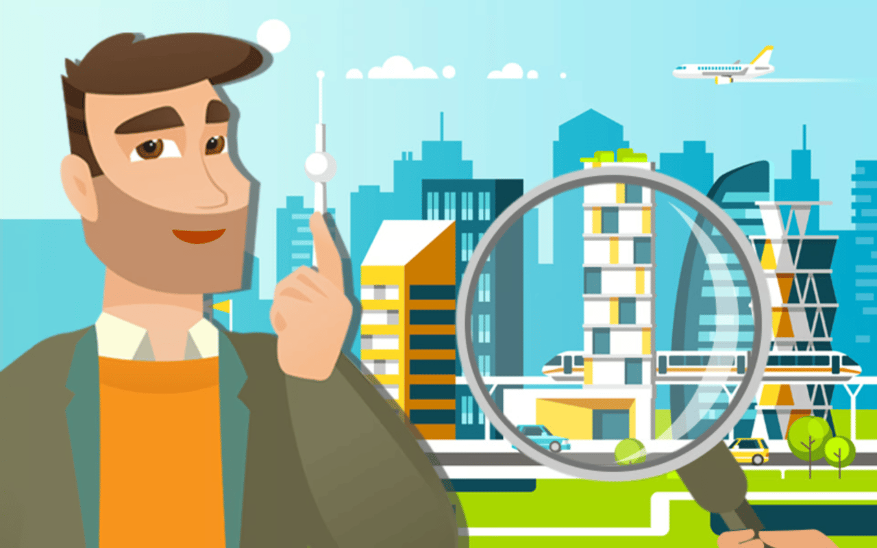 Cartoon home buyer examining a modern house through a magnifying glass