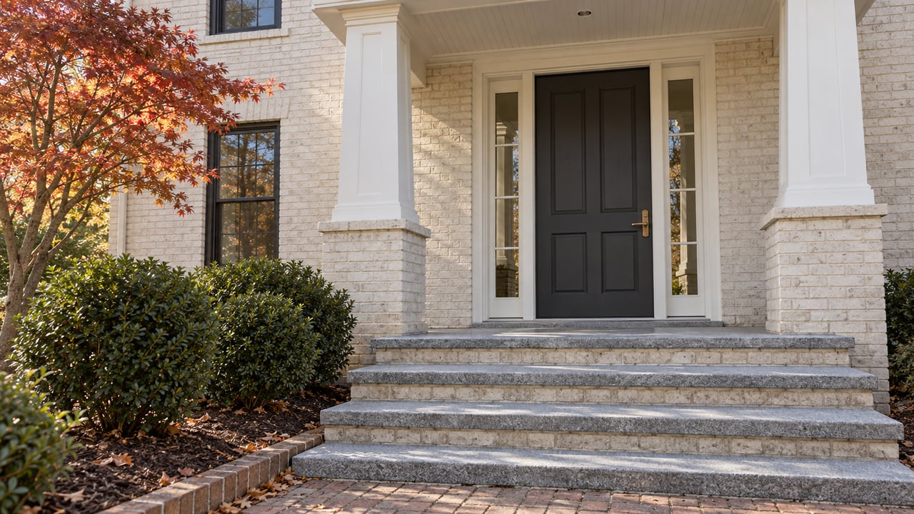 Low view of an ivory brick home's covered entry, granite steps, dark door, and copper-red Japanese maple.