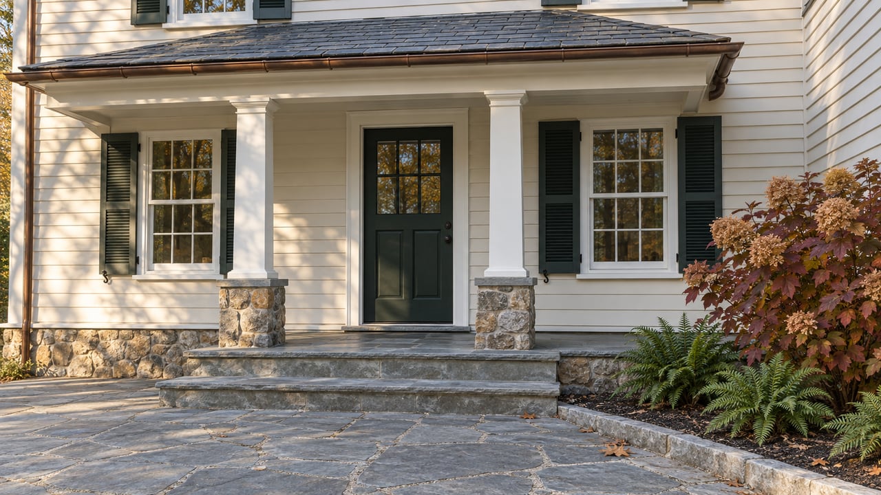 Autumn sunlight crosses an ivory clapboard porch with a dark-green door, paired sash windows, fieldstone plinths and a weathered bluestone terrace.