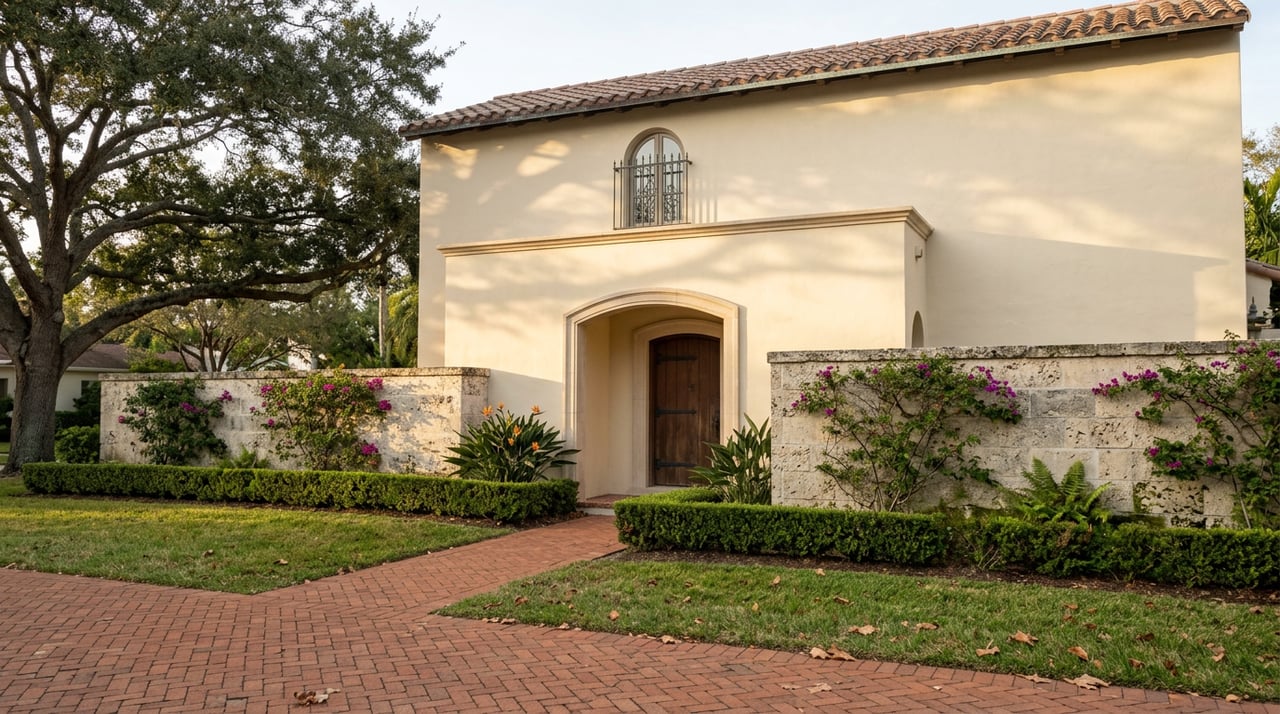 Two-story stucco home with arched entry and window, terracotta roof, beneath a broad oak canopy.