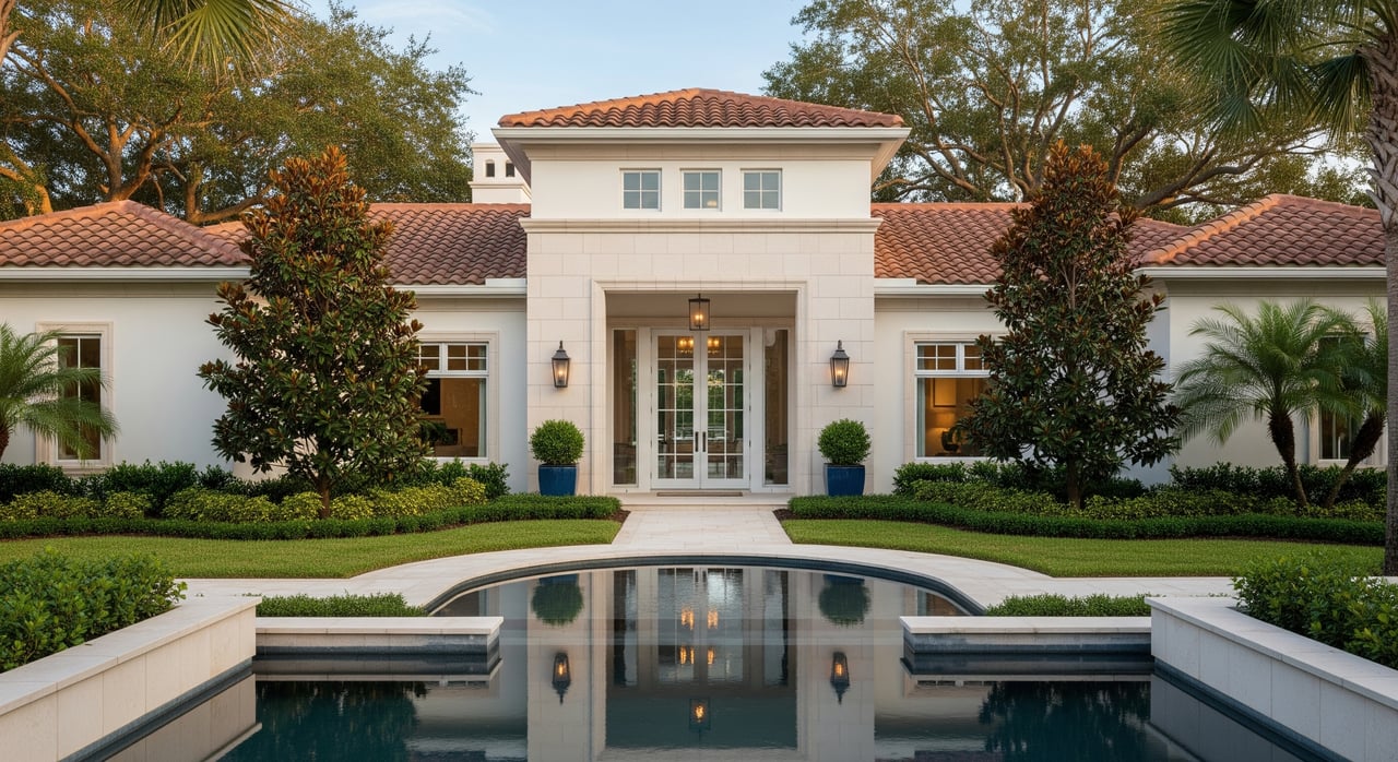 Symmetrical white stucco house with a red tile roof, framed by palms and reflected in a rectangular pool.