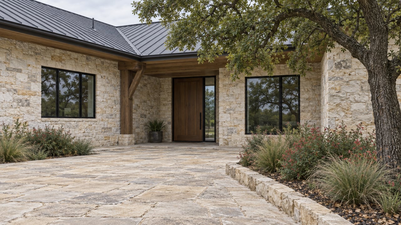 Limestone-and-timber home with a recessed walnut door, diagonal paver path, and oak canopy.