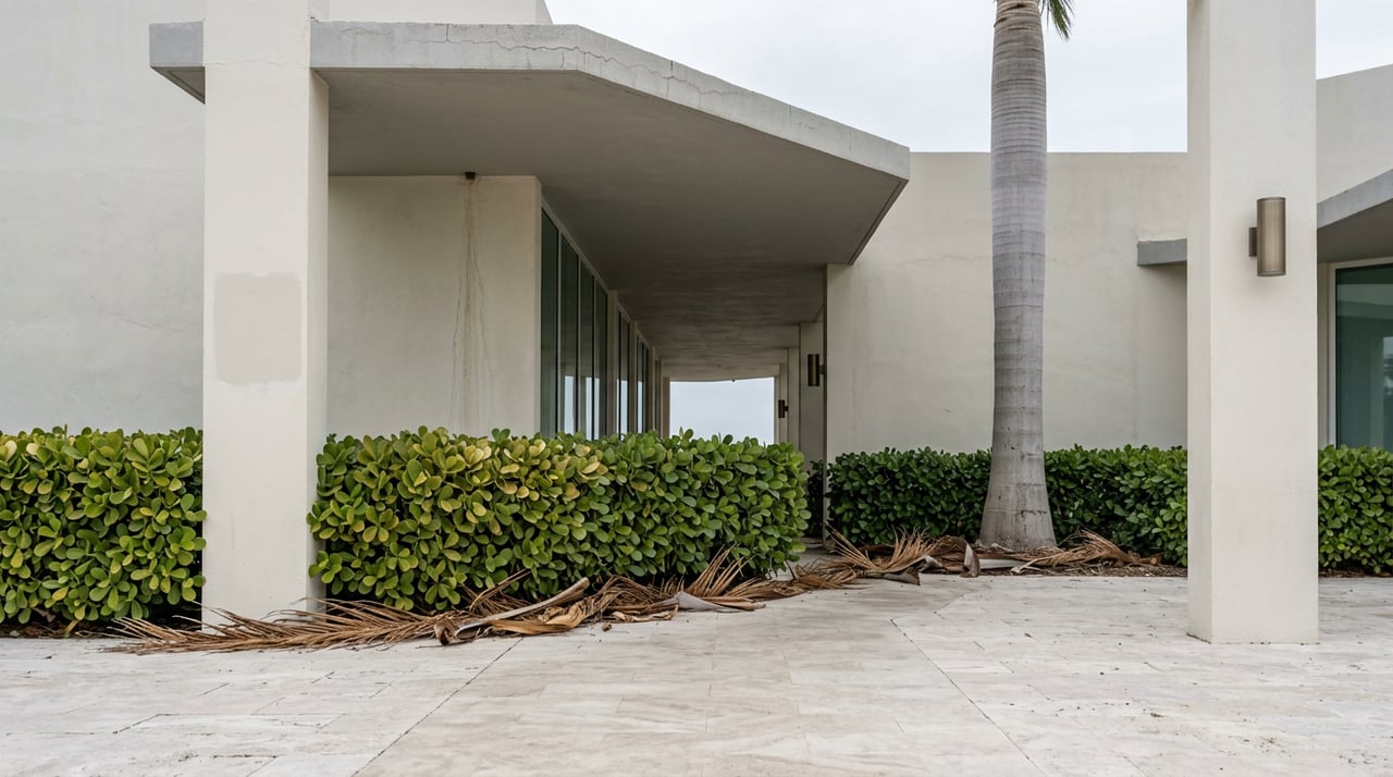 A ringed palm rises beside a clipped hedge and glass wall beneath a concrete overhang.