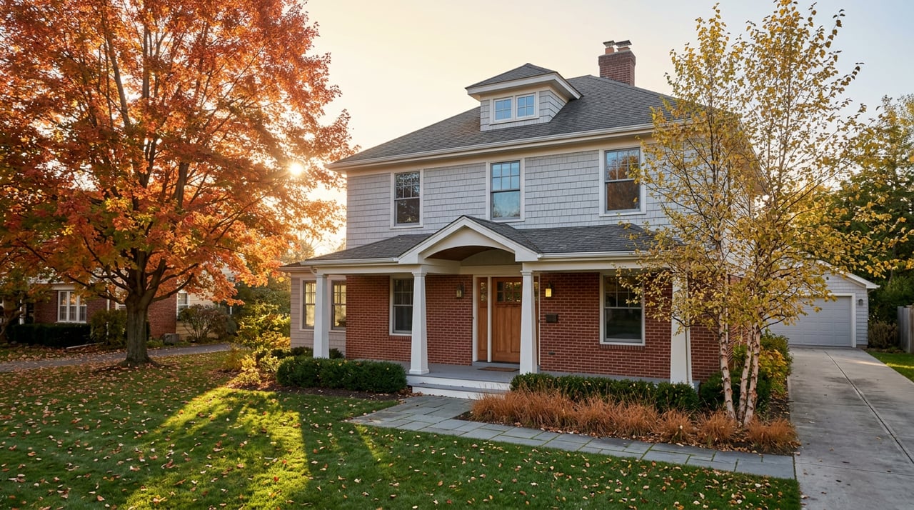 Two-story brick-and-shingle colonial beneath a backlit red-orange maple, with fallen leaves across the lawn.