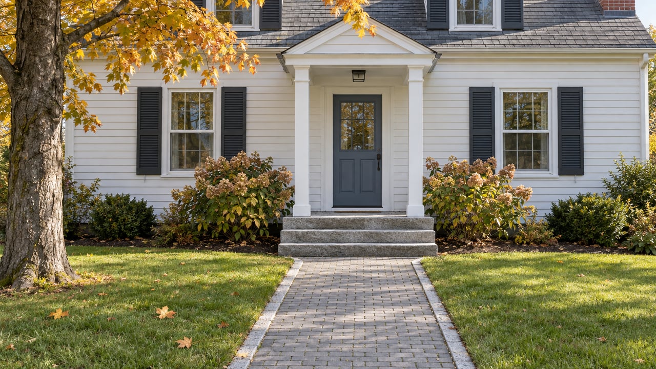 White clapboard home with a blue-gray front door, granite entry steps, brick walkway and autumn maple foliage.