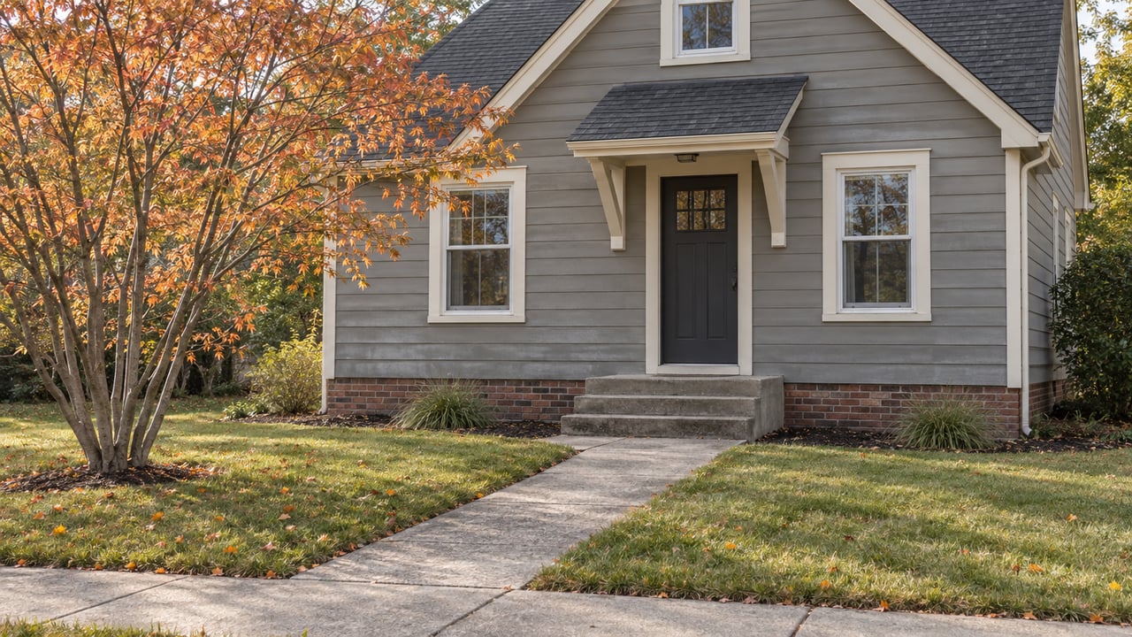 Modest gray-sided home with recessed dark door, concrete steps, and a copper-leaved tree in the front yard.