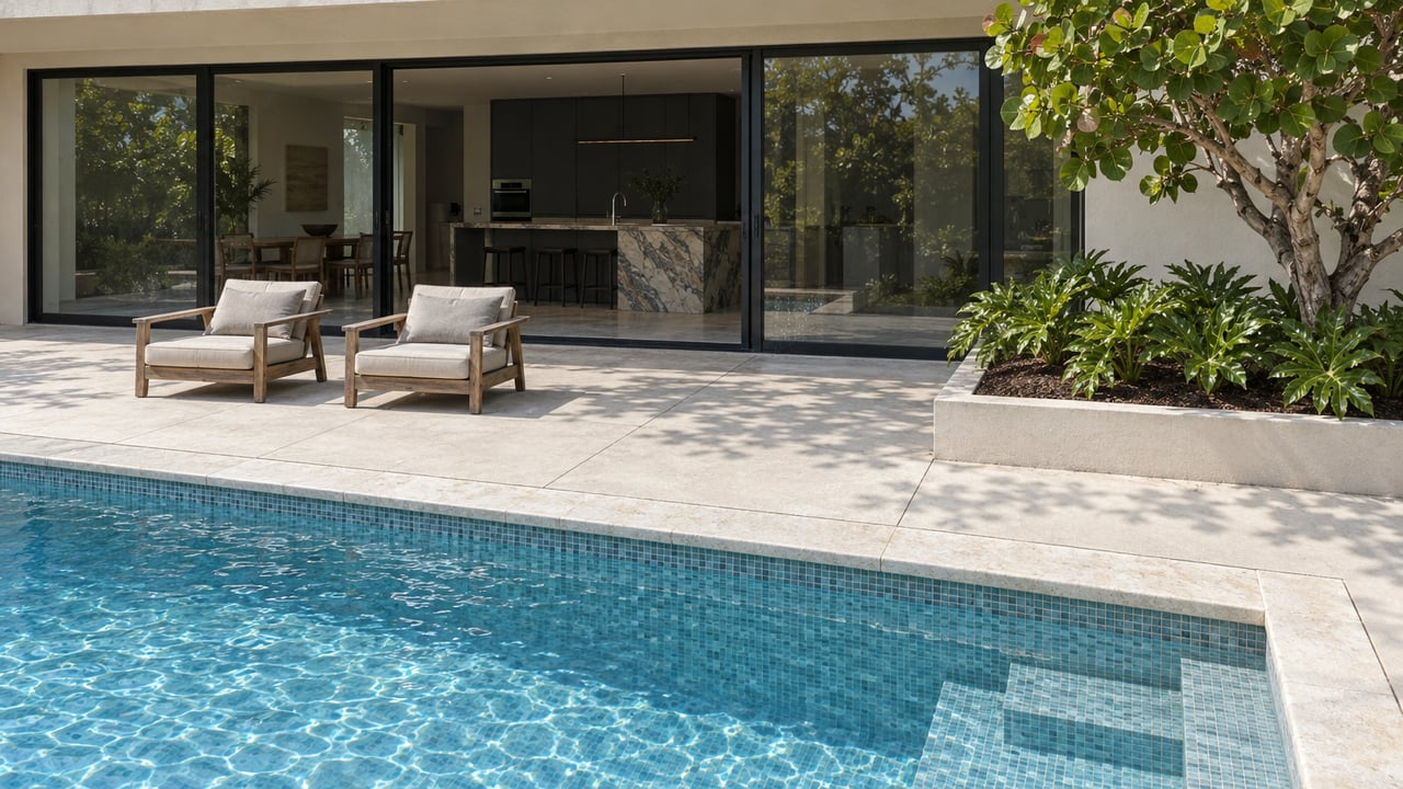 Elevated view of a blue pool, pale stone coping and concrete terrace beside a contemporary glazed home, with two teak loungers and a sea grape planting bed.