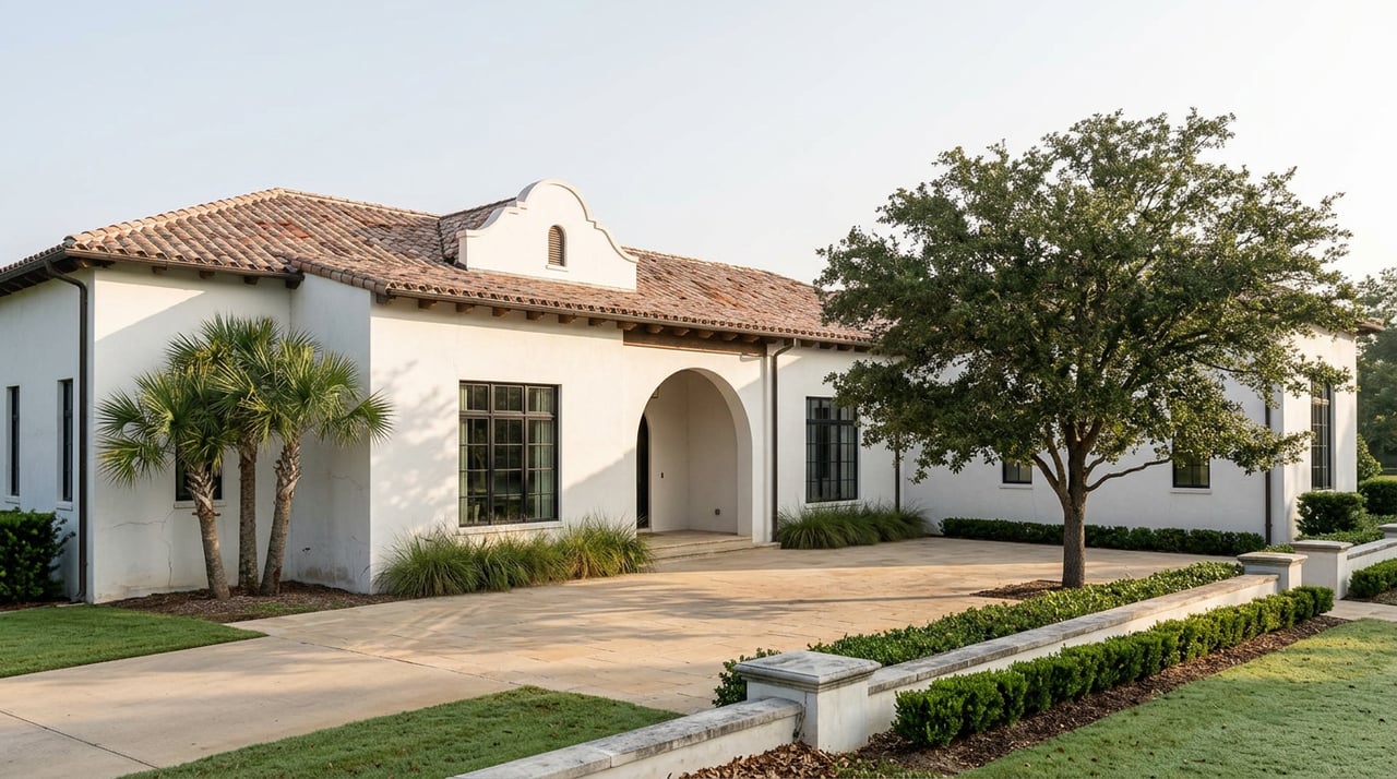 Mediterranean-style estate with an arched loggia, terracotta roof, and oak shading its stone motor court.