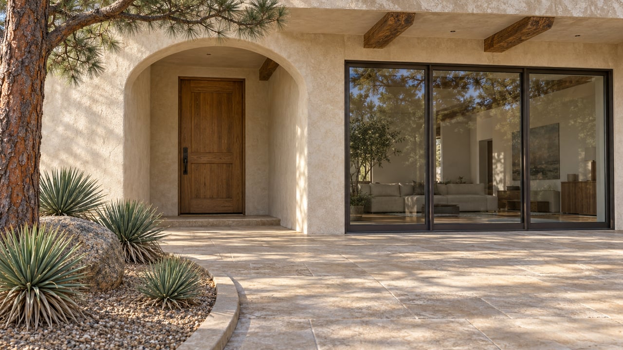 Warm morning light on a stucco home's arched wood entry and sandstone terrace, beside a ponderosa pine and banana yucca planting.