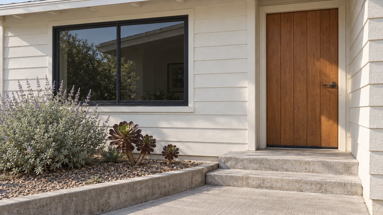 Sun-worn ivory bungalow siding, a cedar front door, and a black-framed window above concrete steps beside silver sage and aeonium rosettes.