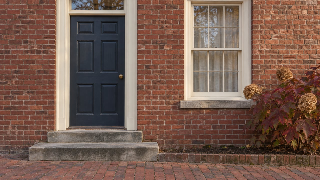 A blue-black paneled door and ivory sash window in an aged brick facade, above worn stone steps and a brick sidewalk beside autumn oakleaf hydrangea.
