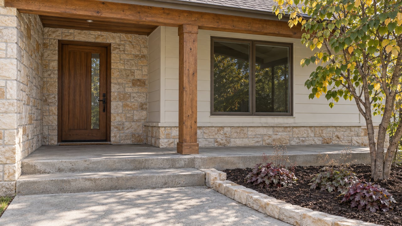 A timber-supported front porch with cream siding, limestone entry surround, concrete steps, and a small redbud beside the approach.