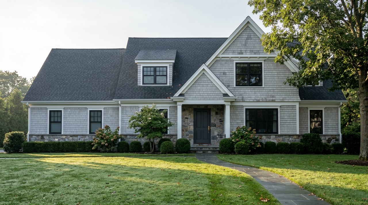 Two-story gray-shingle home with a stone entry, black-framed windows, and a curved path through dew-bright lawn.