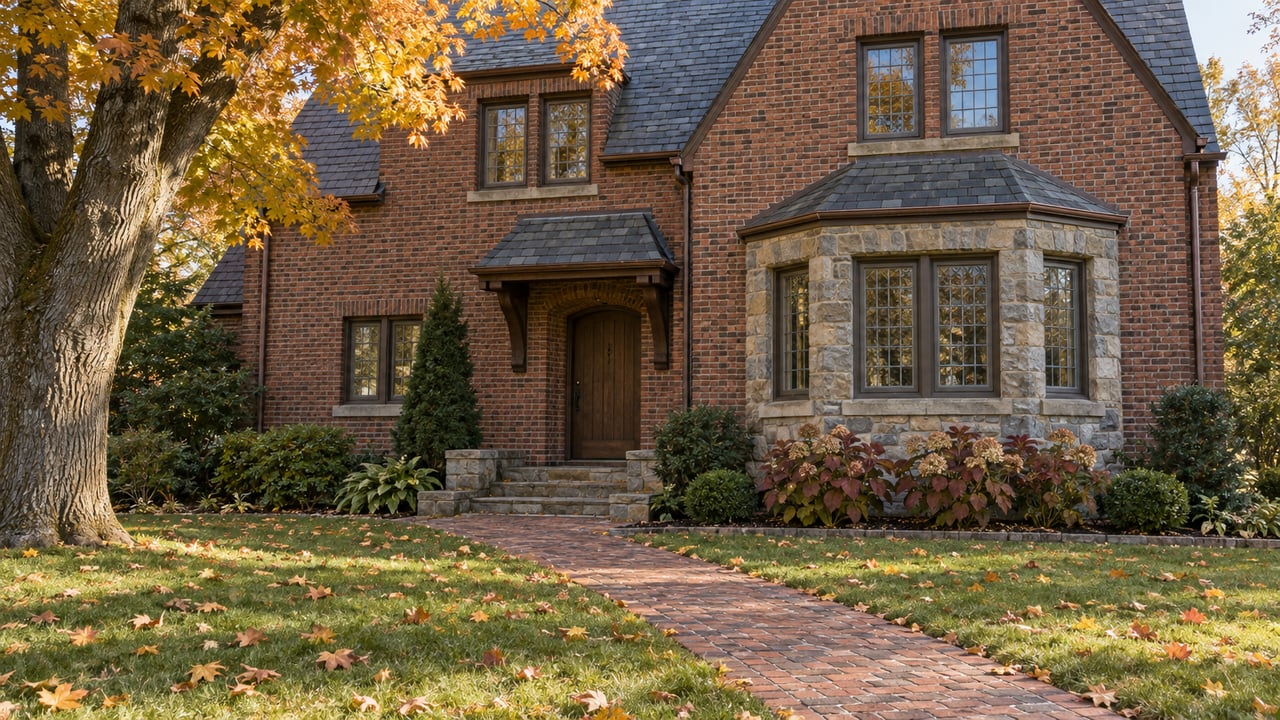 Autumn sunlight across a brick and sandstone house, with slate roof, leaded windows and a brick walk through the front lawn.
