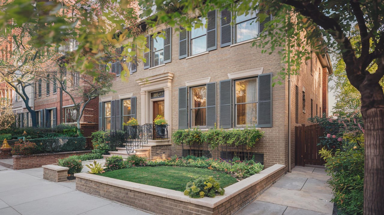 Brick townhouse with gray shutters, a raised garden bed, and leafy trees along the sidewalk.