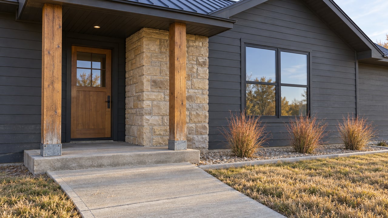 Charcoal-sided home with a timber porch, sandstone entry pier and concrete approach beside copper-colored autumn grasses.