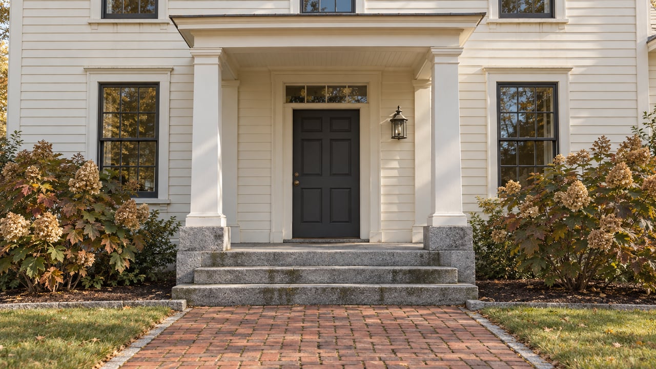 Ivory clapboard house entry with a charcoal door, paired sash windows, granite steps and an aged brick approach bordered by oakleaf hydrangeas.