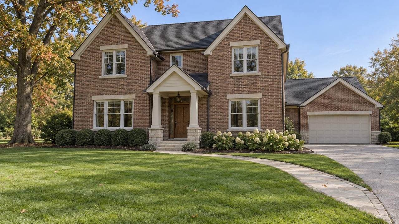 Older two-story brick home with steep gables, a limestone entry walk, deep lawn, and mature oak.