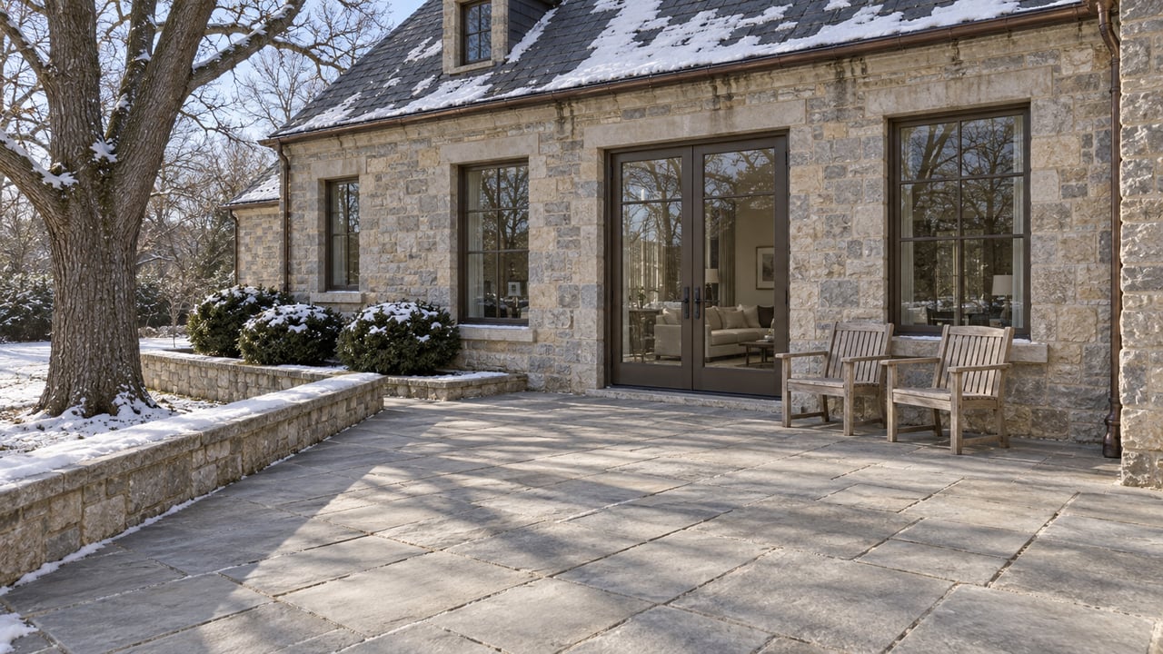 Winter sunlight crosses a limestone terrace beside a substantial stone home, with bronze-framed glass doors, teak chairs and patches of snow.