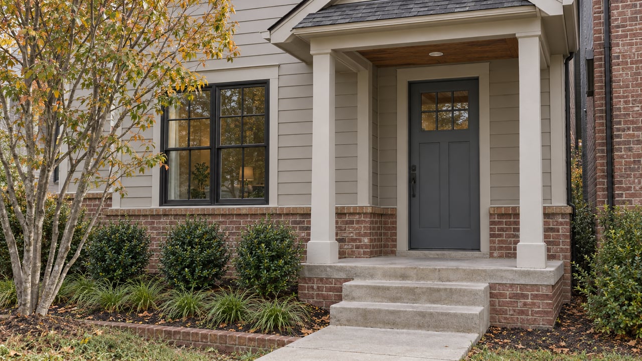 Attached townhome entry with a slate door, brick steps, divided-light window, and compact planted bed.