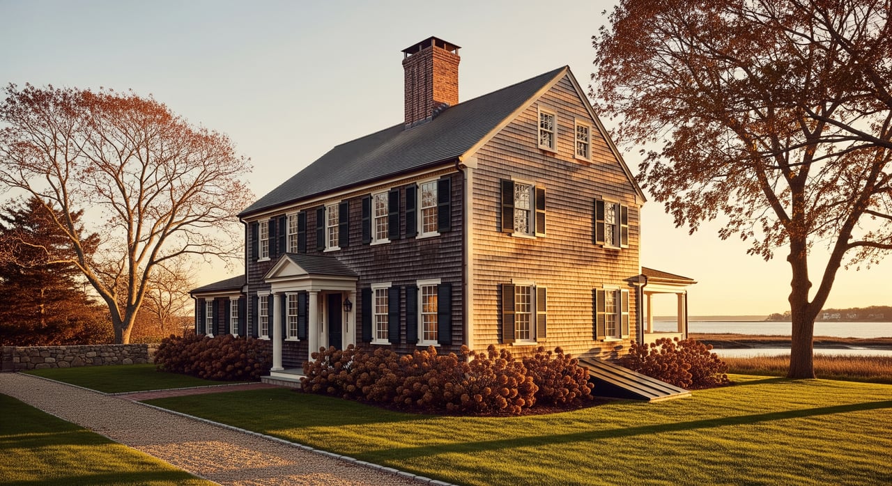 Two-story clapboard house with a central chimney, front porch, and large bare trees beside the water.
