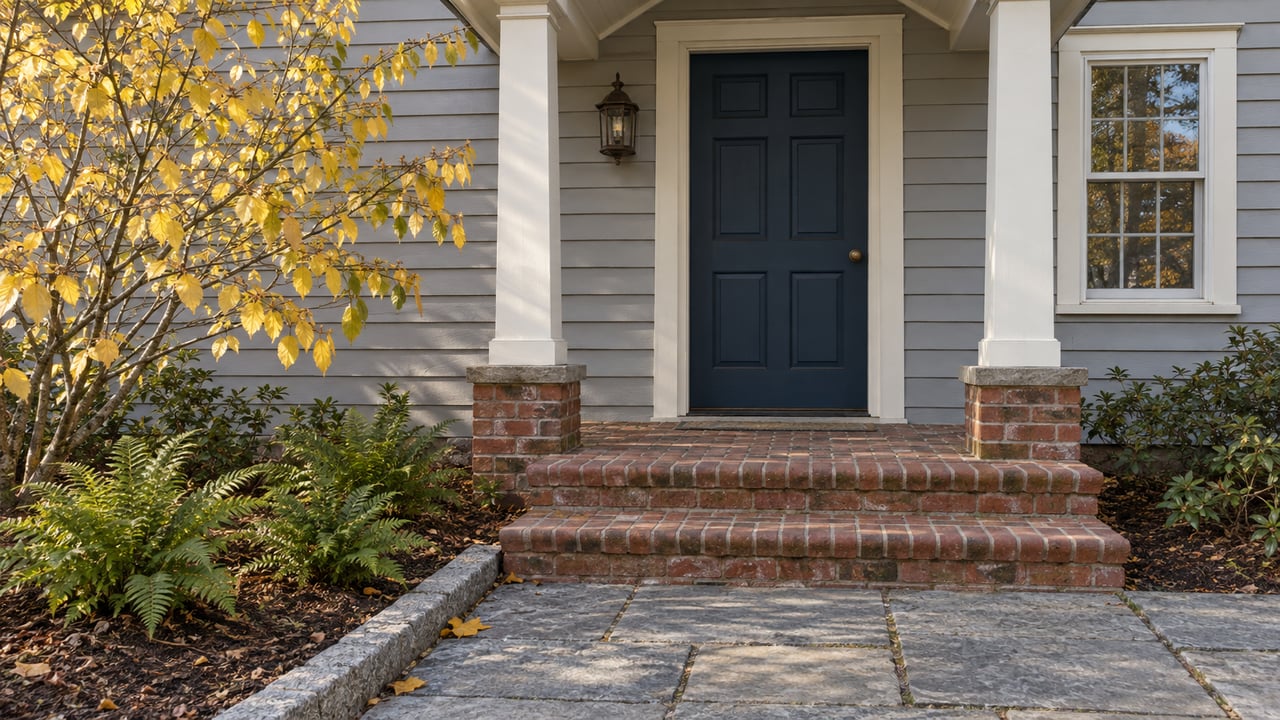 Gray clapboard home entrance with a dark blue paneled door, brick steps and yellow witch-hazel foliage beside a stone approach.