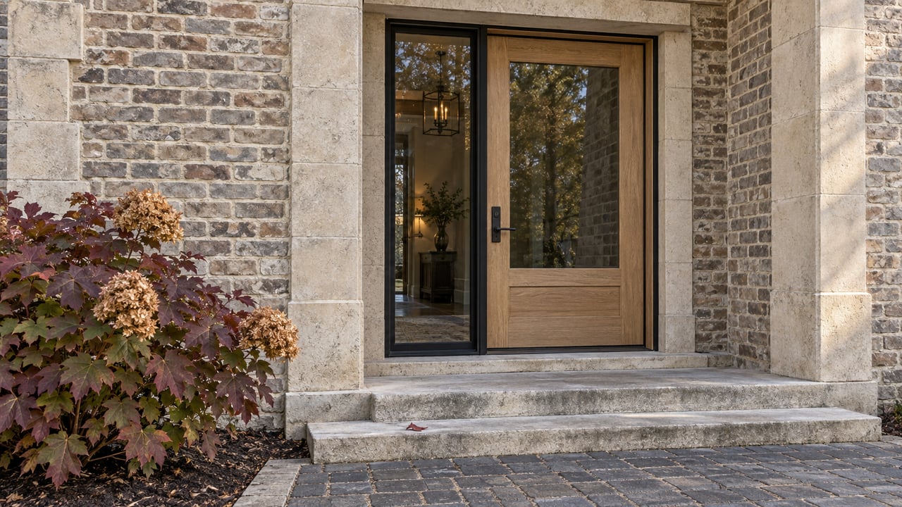 Oak and glass entrance framed by warm gray brick and pale limestone, with burgundy oakleaf hydrangea beside broad stone steps.