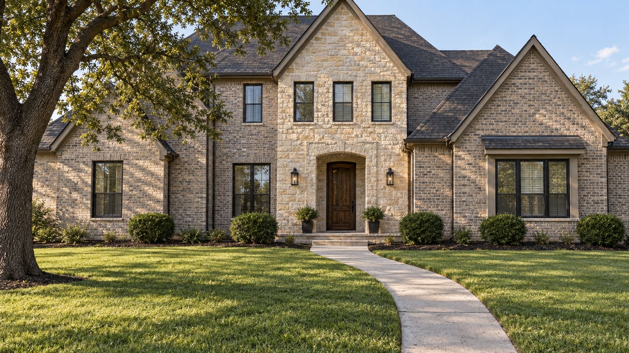 Gabled brick-and-limestone home behind a deep lawn, with a curved concrete approach and an established bur oak in afternoon light.