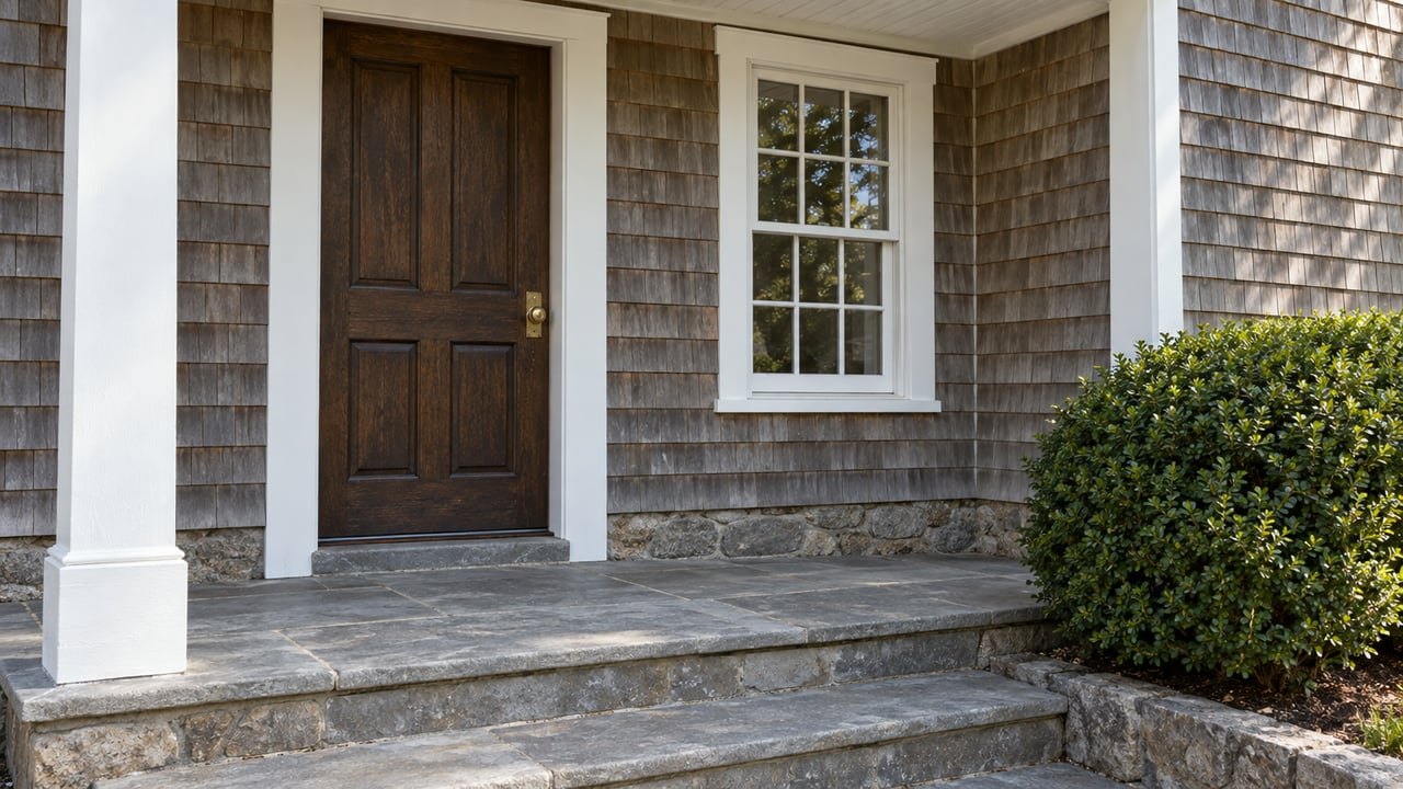 Dark paneled oak entrance beside a six-over-six window, above worn bluestone steps and a clipped holly shrub.