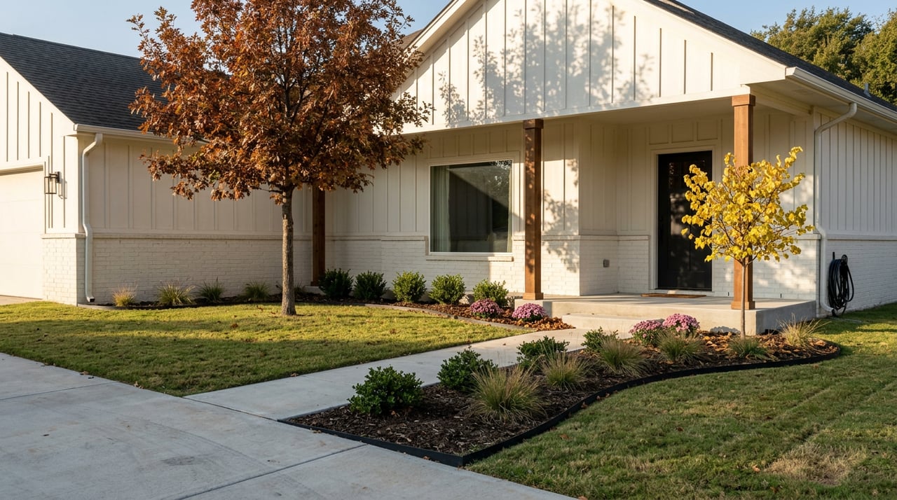 Warm-white modern farmhouse with a covered porch, walnut-stained posts, and an autumn oak shading the lawn.